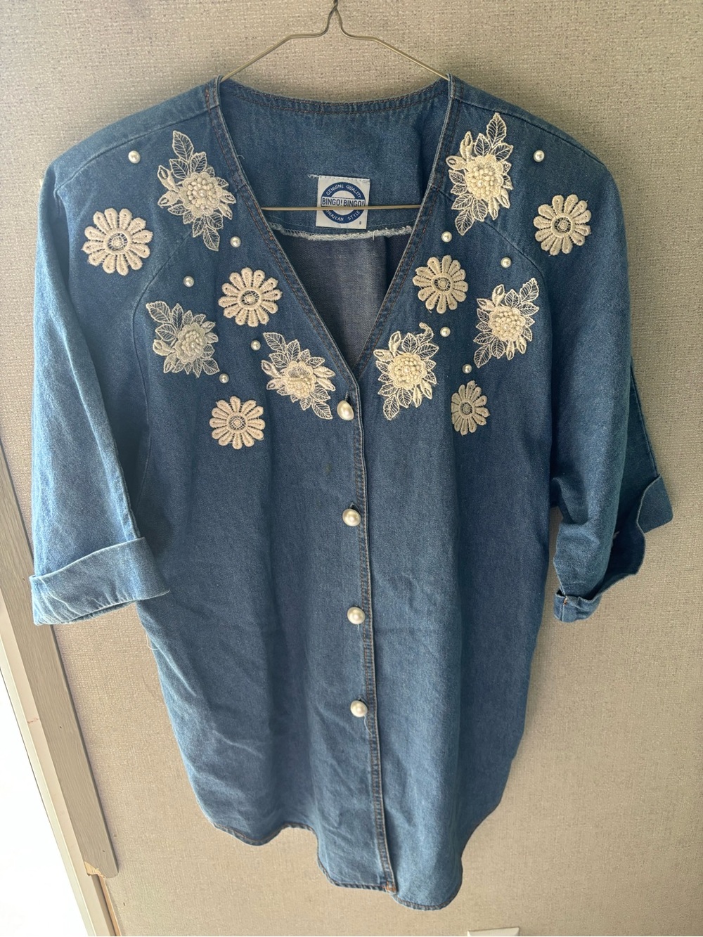 Vintage Embroidered Denim Button-Front Top with Pearl Buttons - Blue